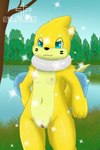 blue_eyes breasts buizel clitoris female feral forest fur generation_4_pokemon genitals hi_res jungle looking_at_viewer mammal navel nintendo plant pokemon pokemon_(species) pussy sea shiny_pokemon silavos smile solo tree water watermark yellow_body yellow_fur