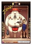 absurd_res anthro balls belly big_balls big_belly body_hair border bottomwear clothing desfrog duo elevator food food_creature genitals ghibli hairy hairy_balls haplorhine hi_res loincloth male mammal monkey monkin_(desfrog) nipples overweight primate radish_spirit spirited_away ugly_bastard white_border