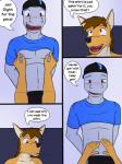 3:4 abs anthro backwards_baseball_cap backwards_hat baseball_cap black_nose blue_eyes blush brown_body brown_eyes brown_fur brown_hair canid canine canis caressing clothed clothing comic coyote detailed_background dialogue duo english_text fangs fish fur furniture fuze grey_body grey_skin hair hand_on_belly hat headgear headwear hi_res ian_dela_cruz male male/male mammal marine midriff mond_reyes navel nipple_fetish nipple_play nipples open_mouth raised_clothing raised_shirt raised_topwear rubbing shark shirt simple_background sofa standing teeth texnatsu text tongue topwear touching_abs