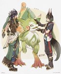 accessory animal_ears animal_tail big_ears big_tail canid canine cross-shaped_pupils ear_accessory fennec_fox fox fox_ears fox_tail genshin_impact green_body headband hi_res human hybrid jsk kinich_(genshin_impact) mammal mihoyo multicolored_body saurian_(genshin_impact) short_arms tail tighnari_(genshin_impact) true_fox white_body yumkasaurus