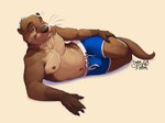 anthro athletic athletic_male bedroom_eyes blue_boxer_briefs blue_clothing blue_underwear boxer_briefs brown_body brown_fur bulge clothed clothing countershade_fur countershading front_view full-length_portrait fur furry-specific_brand hand_on_leg hand_on_thigh hi_res lying male mammal membrane_(anatomy) mike_(rudderbutts) mustelid narrowed_eyes navel nipples on_side otter pinup portrait pose river_otter rudderbutts seductive senor_nutria simple_background smile solo tail text text_on_clothing text_on_underwear underwear underwear_only webbed_hands whiskers white_seam_boxer_briefs white_waistband