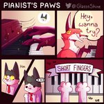 1:1 canid canine comic dialogue english_text felid feline fox fur glassshine hi_res hubert_(glassshine) keyboard_instrument mammal musical_clef musical_instrument musical_note musical_symbol open_mouth piano red_body red_fur steve_(glassshine) symbol text treble_clef white_body white_fur