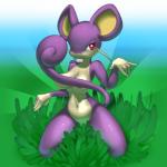 1:1 5_fingers anthro anthrofied battle big_breasts big_ears biped breasts buckteeth convenient_censorship elpatrixf eyelashes female fingers fur generation_1_pokemon glistening grass looking_at_viewer mammal navel nintendo nipples outside pink_eyes plant pokemon pokemon_(species) pokemorph purple_body purple_fur raised_arm rattata rodent shadow sitting sky solo teeth