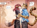 absurd_res akatan_art anthro black_hair canid canine canis clothed clothing dipstick_tail domestic_dog duo english_text eyes_closed facial_spots felid femboy floppy_ears fur hair hi_res kissing leopard male male/male mammal markings orange_body orange_fur pantherine red_hair speech_bubble spots spotted_arms spotted_face spotted_markings spotted_tail standing tail tail_markings text traditional_media_(artwork) white_body white_fur wide_eyed yellow_body yellow_fur