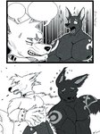 3:4 adastra adastra_(series) anthro avi_the_tiger barazoku canid canine canis cassius_(adastra) comic dialogue duo echo_project empty_speech_bubble femboy forestpunktiger greyscale halftone i_will_survive_slap jackal male mammal monochrome muscular muscular_male neferu_(adastra) speech_bubble wolf