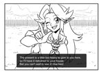 big_breasts blush blush_lines border bowser breasts clothing dialogue english_text female hair hi_res humanoid humanoid_pointy_ears hylian looking_at_viewer malon mario_bros monochrome nintendo not_furry ocarina_of_time one_eye_closed open_mouth pointy_ears sepiascribe smile solo teeth text text_box the_legend_of_zelda white_border wink