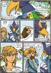 absurd_res anthro avian beak bird blonde_hair blue_body blue_feathers braided_hair breath_of_the_wild chocolate_muffins comic dialogue english_text eyebrows feathers feet feral green_body green_eyes green_feathers group hair hi_res humanoid humor link male nintendo plant revali rito talons text the_legend_of_zelda thick_eyebrows toes tree trio