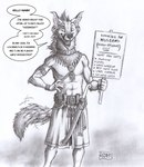 0laffson 2022 anthro armlet belt bracelet canid canine clothed clothing collar dialogue ear_piercing ear_ring english_text graphite_(artwork) greeting hi_res holding_object holding_sign hominophilia jewelry lof_(0laffson) looking_at_viewer male mammal maned_wolf melee_weapon monochrome motion_lines necklace open_mouth open_smile piercing ring_piercing scabbard sign signature smile smiling_at_viewer solo standing straps sword tail tail_motion talking_to_viewer text traditional_media_(artwork) weapon