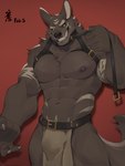 anthro areola bottomwear breechcloth bulge canid canine claws clothing dated grin harness heterochromia hi_res leash leash_pull looking_at_viewer male mammal munax_od navel nipples pecs red_background simple_background smile solo tail