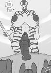 abs animal_genitalia animal_penis anthro areola balls big_balls big_breasts big_penis breasts comic dialogue english_text equid equine equine_genitalia equine_penis exclamation_point freckles_(artist) genitals gynomorph half-erect holding_melee_weapon holding_object holding_polearm holding_spear holding_weapon huge_breasts huge_penis hyper hyper_genitalia hyper_penis intersex mammal medial_ring melee_weapon mohawk monochrome muscular muscular_anthro muscular_gynomorph muscular_intersex navel nipples nude oh_fuck open_mouth penis polearm spear speech_bubble striped_body stripes text vein veiny_penis viggen weapon zebra