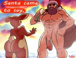 anthro big_butt brown_body butt christmas deer english_text female genitals hi_res holidays human humanoid humanoid_face humanoid_genitalia humanoid_hands humanoid_penis male mammal muscular muscular_humanoid muscular_male nipples nude penis protagon santa_claus text vein veiny_penis