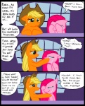 2012 applejack_(mlp) blonde_hair bodily_fluids clothed clothing comic cowboy_hat crying dialogue digital_media_(artwork) duo earth_pony english_text equid equine female feral freckles friendship_is_magic fur green_eyes grief hair hasbro hat headgear headwear horse inside mammal metal_(artist) my_little_pony orange_body orange_fur pink_body pink_fur pink_hair pinkamena_(mlp) pinkie_pie_(mlp) pony sad straight_hair tears text wavy_mouth