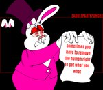 absurd_res adultpartypunch animate_inanimate anthro clothing cotton_candy_(smolbunnyxoxo) dialogue digital_media_(artwork) english_text hi_res lagomorph leporid male mammal open_mouth plushie political_cartoon politics rabbit simple_background smolbunnyxoxo smolbunnyxoxo(parasite) solo text toony topwear zoophobia