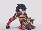 4:3 aardwolfz anthro arm_warmers armwear ass_up black_body black_fur black_hair black_nose bottomwear brown_body brown_eyes brown_fur claws clothing ear_piercing eyebrow_piercing facial_piercing femboy fur grey_background hair harv_(aardwolfz) hi_res hotpants hyena jack-o'_pose leg_warmers legwear male mammal multicolored_hair pattern_armwear pattern_clothing pattern_legwear paws piercing pose shorts simple_background solo striped_armwear striped_body striped_clothing striped_hyena striped_legwear stripes text text_on_bottomwear text_on_clothing text_on_hotpants text_on_shorts topwear trans_(lore) trans_man_(lore) tube_top two_tone_hair white_hair