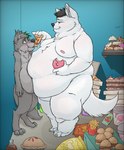 against_surface against_wall anthro arms_bent belly belly_squish bent_legs beverage big_belly big_butt big_dom_small_sub bladepup blush burger butt cake canid canine canis chips_(food) chubby_cheeks cinderdmutt corn_chips cupcake dessert digital_media_(artwork) domestic_dog dominant double_chin doughnut duo eating english_text fat_rolls feeding fingers fluffy fluffy_tail food food_fetish food_in_mouth food_play fries full-length_portrait fur green_eyes green_hair green_highlights grey_body grey_fur hair half_eaten_food hi_res highlights_(coloring) holding_object huge_belly husky hybrid hyper hyper_belly ice_cream improvised_sex_toy inside junk_food love_handles male male/male mammal moobs multicolored_body neck_rolls nipples nordic_sled_dog nude obese obese_anthro obese_male overweight overweight_anthro overweight_male pastry pie pie_(food) pinned pinned_to_wall pizza pizza_slice plantigrade portrait potato_chips rogen_ladop_(character) simple_background size_difference smile soda soda_bottle spitz squish tail text thick_thighs tuft weight_difference weight_gain white_body white_fur wolf wolfdog