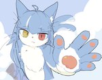 ambiguous_gender anthro cloud domestic_cat felid feline felis heterochromia japan_air_self-defense_force kemono macro mammal nude omaneko_(jasdf) paws shinogiu solo