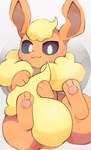 2023 3_toes absurd_res alternate_version_at_source ambiguous_gender blush blush_lines bodily_fluids digital_media_(artwork) eeveelution feet feral flareon fur generation_1_pokemon hi_res holding_tail kemono looking_at_viewer nintendo orange_body orange_fur pawpads paws pokemon pokemon_(species) salmon_no_kaori simplified_pawpads solo sweat sweatdrop tail tail_between_legs toes yellow_body yellow_fur