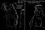 absurd_res anthro black_background canid colored_line_art comic dark dialogue digital_drawing_(artwork) digital_media_(artwork) english_text felid female fifty_seventh_(kofomy) fifty_sixth_(kofomy) hi_res kofomy male mammal monochrome simple_background speech_bubble standing text white_line_art