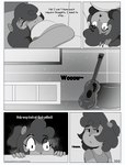 anthro breasts clothed clothing comic cricetid english_text female guitar hair hamster hi_res mammal monochrome musical_instrument nimzy noms_(nimzy) plucked_string_instrument rodent solo string_instrument text