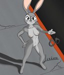 3_toes 4_fingers absurd_res anthro breasts closed_smile cuff_(restraint) disney eyebrows feet female fingers fur genitals grey_body grey_fur grey_nose handcuffs happy hi_res judy_hopps lagomorph leporid luxivox mammal metal_cuffs mouth_closed nipples outside pink_nipples pussy rabbit raised_eyebrow restraints shadow signature small_breasts smile solo toes zootopia