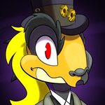 1:1 blonde_hair bust_portrait clothing eyebrows gear hair hat headgear headwear hi_res kyrii neopet_(species) neopets portrait red_eyes scorchio shaded soft_shading solo thick_eyebrows toony top_hat topwear transformation trevor-fox yellow_eyes