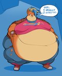 2020 absurd_res activision anthro bandicoot belly belly_grab belly_squish belt big_belly black_nose blonde_hair blue_background blue_bottomwear blue_clothing blue_hair blue_jeans blue_pants bottomwear brown_belt brown_clothing brown_eyebrows brown_footwear brown_gloves brown_handwear brown_jacket brown_shoes brown_topwear cel_shading clothing colored crash_bandicoot_(series) denim denim_bottomwear denim_clothing dialogue digital_media_(artwork) edgeofmind english_text eyebrows eyelashes female footwear gloves green_eyes hair hand_on_belly hand_on_own_belly handwear hi_res huge_belly huge_thighs hyper hyper_belly hyper_thighs jacket jeans mammal marsupial morbidly_obese morbidly_obese_anthro morbidly_obese_female navel obese obese_anthro obese_female orange_body overweight overweight_anthro overweight_female pants pink_clothing pink_shirt pink_topwear pirate_tawna shaded shirt shoes simple_background solo speech_bubble squish tan_belly teeth text thick_thighs topwear