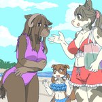 1:1 anthro beach big_breasts bikini bikini_drapes bikini_shorts blue_bikini blue_clothing blue_sky blue_swimwear bovid bovine breast_envy breasts brown_body brown_eyes brown_fur brown_nose canid canine canis caprine cattle cleavage clothed clothing cloud day domestic_dog ekaki510 female front-tie_bikini front-tie_clothing front-tie_swimwear fur group holstein_friesian_cattle kemono mammal midriff muskox o-ring o-ring_bikini o-ring_bikini_top o-ring_swimwear outside purple_bikini purple_clothing purple_swimwear red_bikini red_clothing red_swimwear side-tie_bikini side-tie_clothing side-tie_swimwear sky string_bikini swimwear trio twintails_(hairstyle) two-piece_swimsuit white_body white_fur