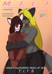 2024 age_difference ailurid anthro blonde_hair blush bottomwear breast_squish breasts brown_hair chest_tuft clothed clothing comic cover cover_art cover_page digital_media_(artwork) duo english_text eyes_closed female flyingtrace flynn_(flyingtrace) fur grey_body grey_fur hair hi_res hug hugging_another hugging_from_behind imminent_sex long_hair male mammal mature_anthro mature_female multicolored_body multicolored_fur naomi_rasputin older_female pants partially_clothed procyonid purple_eyes raccoon red_body red_fur red_panda shaded signature simple_background spandex squish tail text thick_thighs tight_clothing topless topless_anthro topless_female topless_male tuft white_body white_fur younger_male