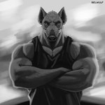 1:1 2023 absurd_res anthro artist_name belwulf biceps clothed clothing crossed_arms digital_media_(artwork) eyebrows fur greyscale hi_res looking_at_viewer male mammal monochrome muscular muscular_anthro muscular_male pecs pose shirt solo suid suina tank_top topwear tusks wereboar werecreature weresuid weresuina