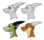 anthro black_horn blue_eyes darkened_eyelids duo furgonomics furry-specific_piercing green_body hi_res horn horn_piercing lostgoose male multicolored_body orange_body orange_eyes piercing portrait scalie scree_(character) two_tone_body white_horn