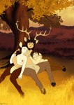 after_transformation anthro areola blue_eyes breasts brown_eyes brown_hair colored comic cuddling deer english_text facial_hair female forest genitals group hair halcy0n hi_res hooves male mammal mustache nipples plant satyr text tree trio