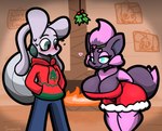 absurd_res accessory antennae_(anatomy) anthro bent_over big_breasts big_ears blue_eyes blush bodily_fluids breasts cheek_tuft chest_tuft christmas cleavage clothed clothing dress duo facial_tuft female fireplace fur generation_5_pokemon generation_8_pokemon goe_(sneavile) green_eyes grey_body grey_fur half-closed_eyes hand_in_pocket hands_behind_back headband heart_symbol hi_res hisuian_form hisuian_sliggoo holidays holly_(plant) hoodie leaning leaning_forward looking_at_another male multicolored_body multicolored_fur narrowed_eyes neck_tuft nervous nintendo pink_body pink_fur plant pockets pokemon pokemon_(species) purple_body regional_form_(pokemon) seductive shell sneavile sweat sweatdrop sweater topwear tuft two_tone_body two_tone_fur zabrina_(afc) zorua