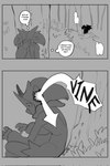 anthro comic dialogue duo forest generation_4_pokemon generation_9_pokemon genitals hi_res lucario male masturbation meowscarada monochrome nintendo open_mouth penis plant pokemon pokemon_(species) samu_(sincastermon) sincastermon surprised_expression tree vine_(sincastermon)