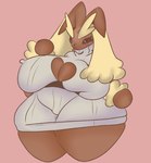 absurd_res ameliemercedez big_breasts blush breasts cleavage_cutout clothing cutout female generation_4_pokemon hi_res huge_breasts huge_hips huge_thighs long_ears lopunny nintendo nipple_outline overweight pokemon pokemon_(species) red_eyes solo sweater thick_thighs topwear wide_hips