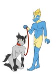 2024 3:4 5_fingers 5_toes anthro anthro_on_anthro balls bdsm biped black_body black_feet black_fur black_hair black_nose black_tail blonde_hair blue_body blue_eyes blue_fur circumcised collar duo facial_hair feet fingers flaccid front_view fur fuze generation_3_pokemon genitals glans grey_body grey_fur grey_nipples hair hi_res holding_leash holding_object humanoid_genitalia humanoid_penis interspecies kneeling leash looking_at_another male male/male manectric mightyena navel nintendo nipples nude orange_eyes penis petplay pink_glans plantigrade pokemon pokemon_(species) pokemorph red_collar red_leash roleplay simple_background smile standing tail toes white_background yellow_balls yellow_body yellow_fur yellow_penis yellow_sclera