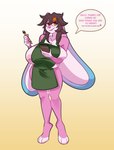 anthro apron apron_only big_breasts breast_squish breasts clothed clothing dialogue female floppy_ears hi_res holding_object huge_breasts lagomorph leporid lop_ears mammal nipple_piercing nipple_slip nipples piercing pink_body pinup pose rabbit remmy_(remybunny) skimpy solo speech_bubble squish trans_(lore) trans_woman_(lore) vitpla waiter