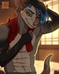 abs american_opossum anthro athletic athletic_male bedroom_eyes blue_hair digital_media_(artwork) ear_piercing ear_ring fleki fur hair hi_res kalus male mammal marsupial narrowed_eyes piercing ring_piercing scar seductive smile solo tail virginia_opossum