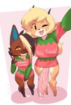 2022 anthro balls big_breasts black_hair blonde_hair bodily_fluids borvar bottomless breasts brown_body brown_fur canid canine canis christmas christmas_clothing christmas_sweater christmas_topwear clothed clothing cum digital_media_(artwork) domestic_dog duo female fur genital_fluids genitals gesture gutzi_(rappidrobin) gynomorph gynomorph/female hair hi_res holidays horn intersex intersex/female looking_at_viewer mammal meme open_mouth penis shirt simple_background size_difference smile sweater sweater_only text text_on_clothing text_on_shirt text_on_topwear topwear topwear_only tori_yiffany