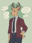 3:4 anthro antlers beastars belt blush blush_lines bodily_fluids bottomwear brown_body brown_fur cervine clothed clothing cuffs_(clothing) deer dialogue dress_pants dress_shirt facial_tuft fur green_background hand_in_pocket hi_res horn jacket looking_at_viewer louis_(beastars) male mammal mutedlavender necktie pants pockets portrait red_deer rolled_up_sleeves shirt simple_background solo speech_bubble sweat tail teeth text three-quarter_portrait topwear tuft