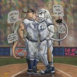 1:1 adobe_photoshop_(artwork) anthro argument backwards_baseball_cap backwards_hat bared_teeth baseball_(sport) baseball_base baseball_bat baseball_cap baseball_field baseball_uniform bat_(object) belt black_eyes black_nose blue_eyes bulge bulge_frottage butt cleats clothed clothing cougar dialogue dialogue_box digital_media_(artwork) duo felid feline flexing footwear fully_clothed fur glare grass hand_on_hip hat headgear headwear hi_res leo_(saitama_seibu_lions) lion male male/male mammal mascot mexican_pacific_league muscular muscular_male nippon_professional_baseball pantherine paw_shoes pecs pecs_touching pink_nose plant public raised_tail saitama_seibu_lions shoes sport sportswear stained_clothing tail tan_body tan_fur tight_clothing uniform white_body white_fur yaco_puma yaco_puma_striptease yannirosegold yaquis_de_obregon