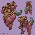 1:1 2024 anthro apron apron_only areola artist_name belly big_belly breasts brown_areola brown_eyes brown_nipples claws clothing cloudy_with_a_chance_of_meatballs cold_quarantine colored crocodile crocodilian crocodylid digital_media_(artwork) female food food_creature green_claws green_tail happy hi_res holding_tray huge_belly mature_female navel nipples obese obese_anthro obese_female overweight overweight_anthro overweight_female purple_background reptile scalie sharp_teeth simple_background smile solo taco tacodile tail teeth thick_thighs white_apron white_clothing