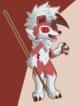 absurd_res anthro black_nose claws dipstick_ears ear_markings facial_tuft fangs feet female fur generation_7_pokemon hi_res kyshan_(artist) lycanroc mammal melee_weapon midnight_lycanroc multicolored_body multicolored_ears multicolored_fur nintendo pawpads paws pokemon pokemon_(species) polearm red_body red_eyes red_fur red_pawpads ringed_eyes simple_background solo spear standing teeth toe_claws toes tuft tufted_fur two_tone_body two_tone_fur waving_hand weapon white_body white_fur white_tuft