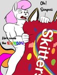 3:4 anthro candy dessert english_text equid equine food furry_ears hair horse idfox male mammal mars_incorporated meme pink_hair skittles_(candy) text white_body