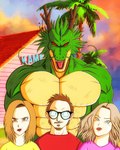 2022 abs abyllion_art alternate_version_at_source anthro beard big_chest brown_eyebrows brown_eyes brown_hair building clothing detailed_background digital_media_(artwork) dragon dragon_ball eastern_dragon eyebrows eyewear facial_hair female glasses grass green_body green_eyes green_scales group group_portrait hair hi_res horn house human lipstick looking_at_viewer makeup male mammal multicolored_body multicolored_scales muscular mustache mythological_creature mythological_scalie mythology no_irises open_mouth palm_tree plant purple_clothing purple_shirt purple_topwear red_clothing red_eyes red_shirt red_topwear rooftop scales scalie sharp_teeth shenron shenron.inc shirt size_difference tan_body tan_scales teeth text_in_background tongue topwear tree two_tone_body two_tone_scales wearing_glasses whiskers white_body white_skin yellow_clothing yellow_shirt yellow_topwear