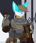 ammunition anthro ar-23_liberator armor bright canid canine canis cthuwulhu dark democracy earth fist fluffy galactic gesture gun helldivers male mammal managed_democracy military owo planet ranged_weapon salute shooter soldier solo space sylves_(cthuwulhu) victory war warrior weapon wolf