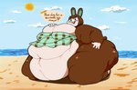 2024 animal_crossing anthro arm_rolls beach belly belly_overhang belly_rolls big_belly big_breasts big_butt blush blush_stickers bottomless breasts brown_body brown_fur buckteeth butt carmen_(animal_crossing) chubby_cheeks clothed clothing cloud english_text fat_arms fat_legs fat_rolls female fur hand_on_breast hi_res huge_belly huge_butt kaboodles kneeling lagomorph leg_rolls leporid mammal morbidly_obese morbidly_obese_anthro morbidly_obese_female navel nintendo obese obese_anthro obese_female open_mouth open_smile outside overweight overweight_anthro overweight_female rabbit smile solo sun teeth text top_heavy_belly