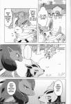 comic dialogue eeveelution english_text female feral flareon forest fur generation_1_pokemon generation_3_pokemon generation_5_pokemon generation_6_pokemon greyscale hi_res jolteon kemoribbon mightyena monochrome nintendo open_mouth paws plant pokemon pokemon_(species) ribbons sylveon text translated tree vaporeon zoroark