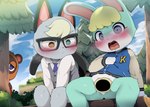 2023 animal_crossing anthro biped blue_eyes blush bodily_fluids brown_eyes dagasi detailed_background domestic_cat eyewear felid feline felis femboy fur genitals glasses green_body green_eyes green_fur grey_body grey_fur group heterochromia hi_res lagomorph leporid lol_comments male male_focus mammal nintendo outside penis portal portal_penis procyonid rabbit raccoon raymond_(animal_crossing) sasha_(animal_crossing) tears thinking_with_portals tom_nook_(animal_crossing) trio