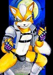 anthro boots bulge canid canine clothed clothing fingerless_gloves footwear fox fox_mccloud fur gloves green_eyes handwear harness hi_res jacket male mammal navel nintendo orange_body orange_fur shoes skimpy solo star_fox thong topwear ulala_ko underwear