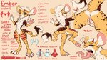 2024 animancer anthro beast_(disambiguation) blue_eyes cheetah clothing dipodid ember_(disambiguation) english_text felid feline female fluffy genitals hi_res hoodie horn jerboa mammal mane model_sheet pussy rodent solo spots stripes text tongue topwear